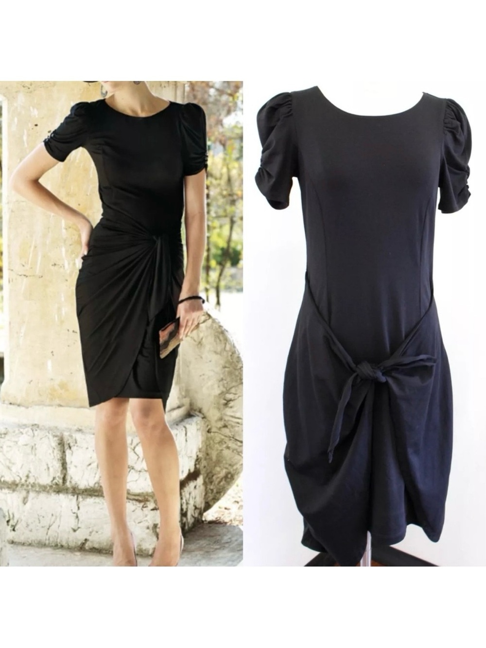 Peruvian Connection Sarong Tie Waist Puff Sleeve T-Shirt Dress Pima Cotton Black